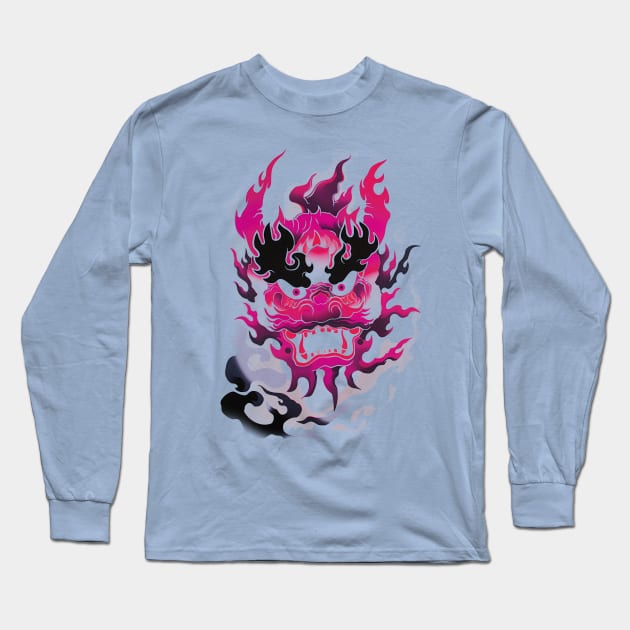 Traditional Pink Oni Mask Long Sleeve T-Shirt by ArtisanEcho